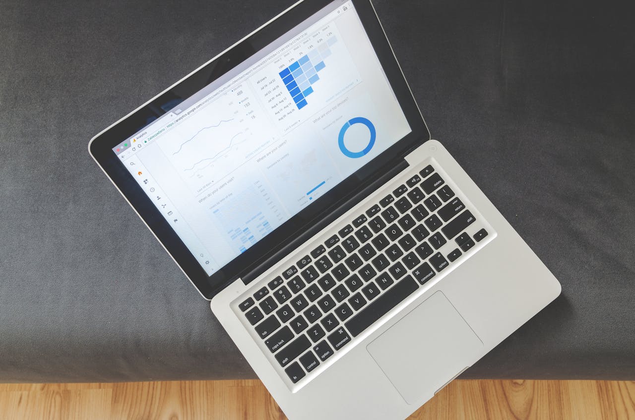 Laptop con dashboard analitica su software cloud per call center, con grafici e dati di performance visibili sullo schermo.